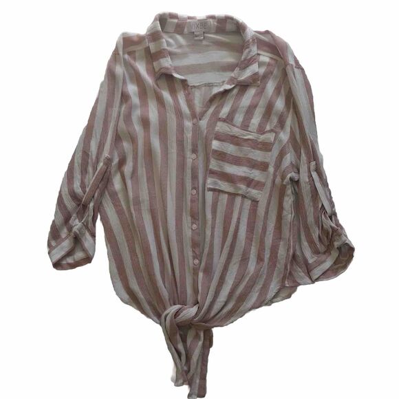 Vixbe Womens Top XL Roll Tab Sleeve Button Up Striped Rayon Coastal Beachy - Picture 4 of 10